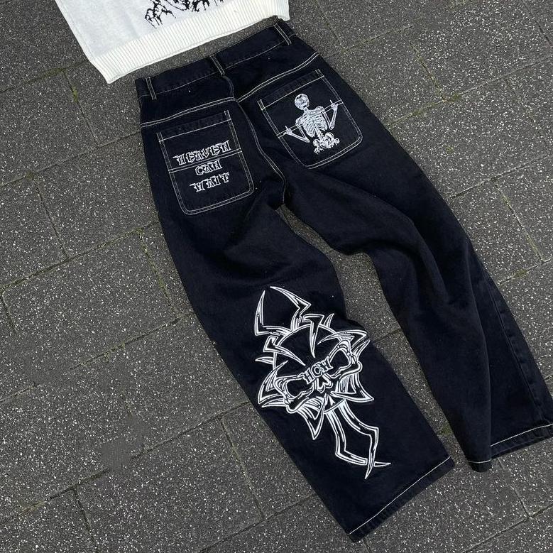 Kuake Duan Y2K Jeans Heren Hip Hop Retro Schedel Borduren Gewassen Baggy Denim Broek Nieuwe Rechte Casual Losse Wijde Pijpen Broek streetwear XXXL wit