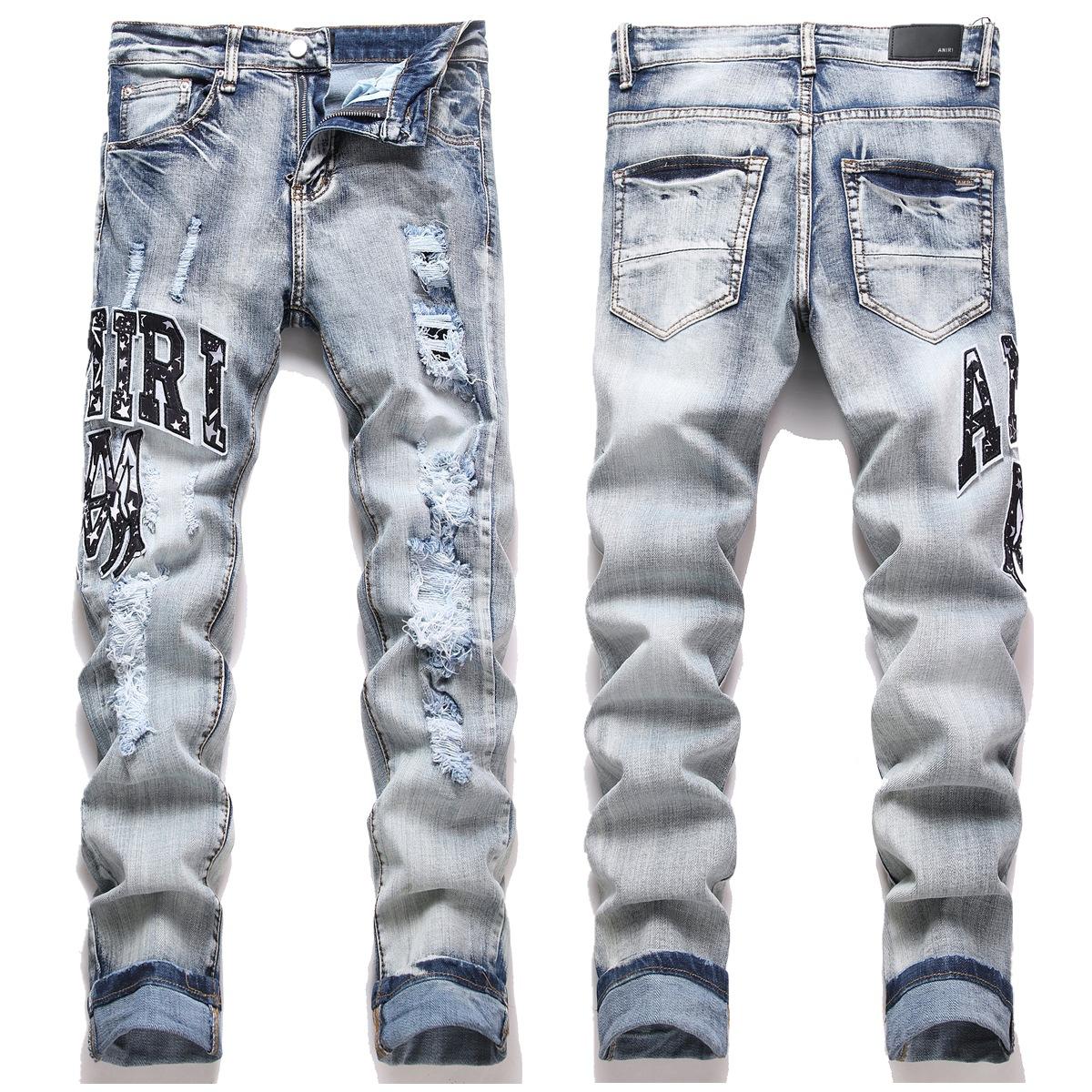 BUYY MALL Stijl High Street AMIRI Merk Gescheurd Borduurwerk Slim Fit Elastische Heren Jeans met Smalle Pijpen 29 blauw