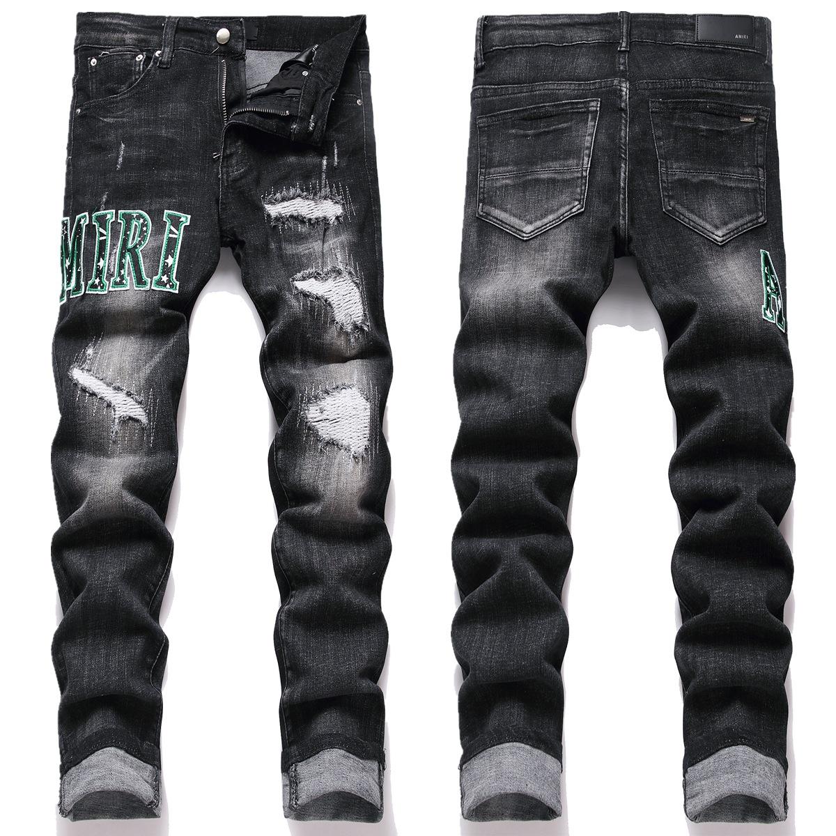 BUYY MALL Nieuwe Voorraad Zwart Geperforeerd Patch Borduurwerk Slim Fit Elastisch Kleine Pijp Heren Jeans 29 zwart