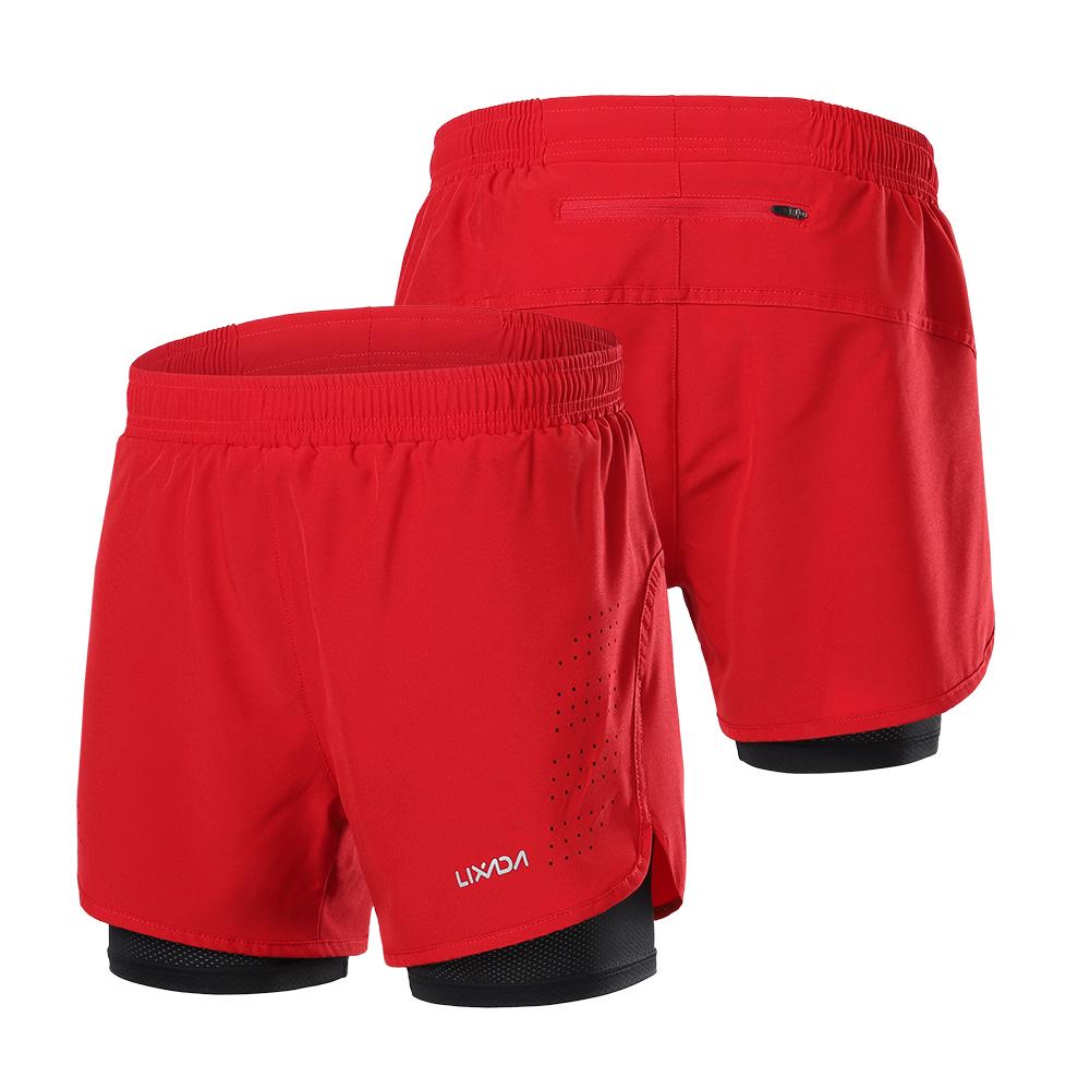 Lixada 2-in-1 hardloopshort voor heren, sneldrogend, ademend, actieve trainingsoefening, joggen, fietsen L rood