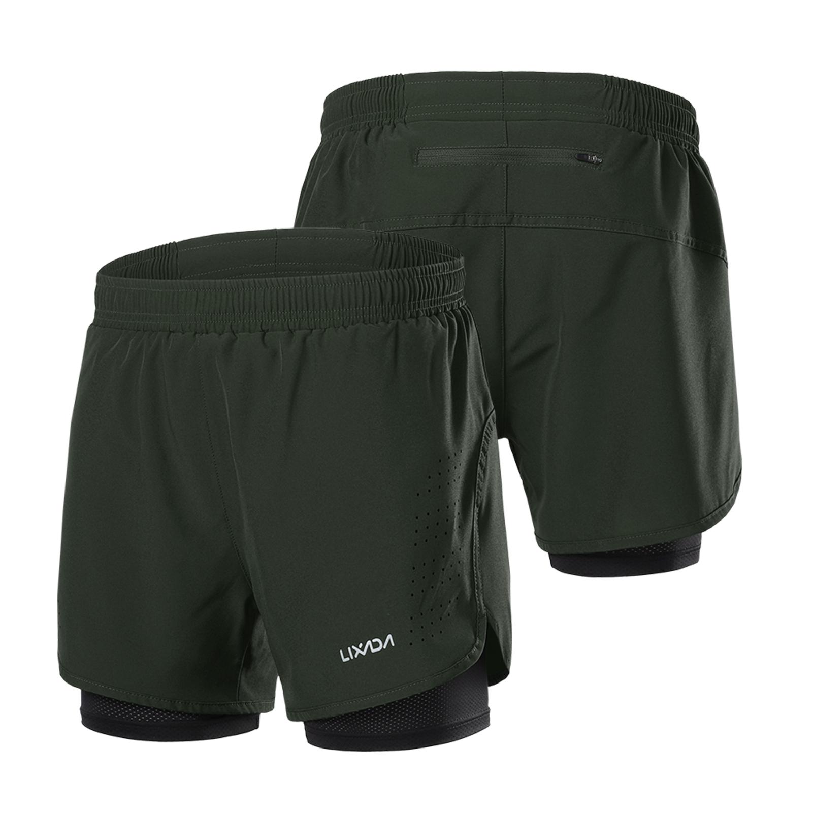 Lixada 2-in-1 hardloopshort voor heren, sneldrogend, ademend, actieve trainingsoefening, joggen, fietsen L legergroene kleur