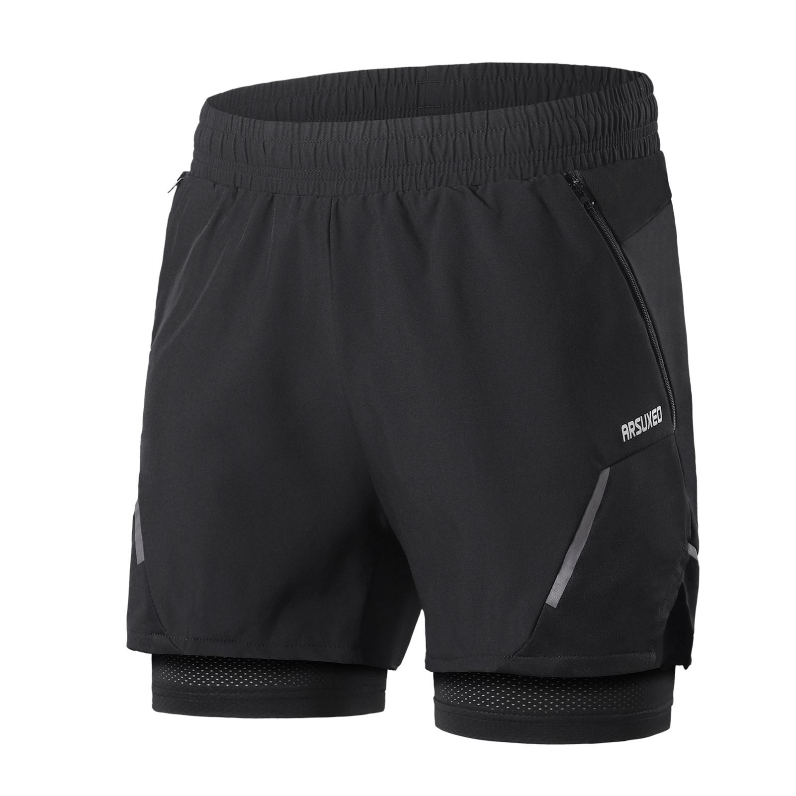 TOMTOP JMS 2-in-1 hardloopshorts voor heren met ritszakken, snel drogende trainingsshorts voor training in de sportschool M zwart