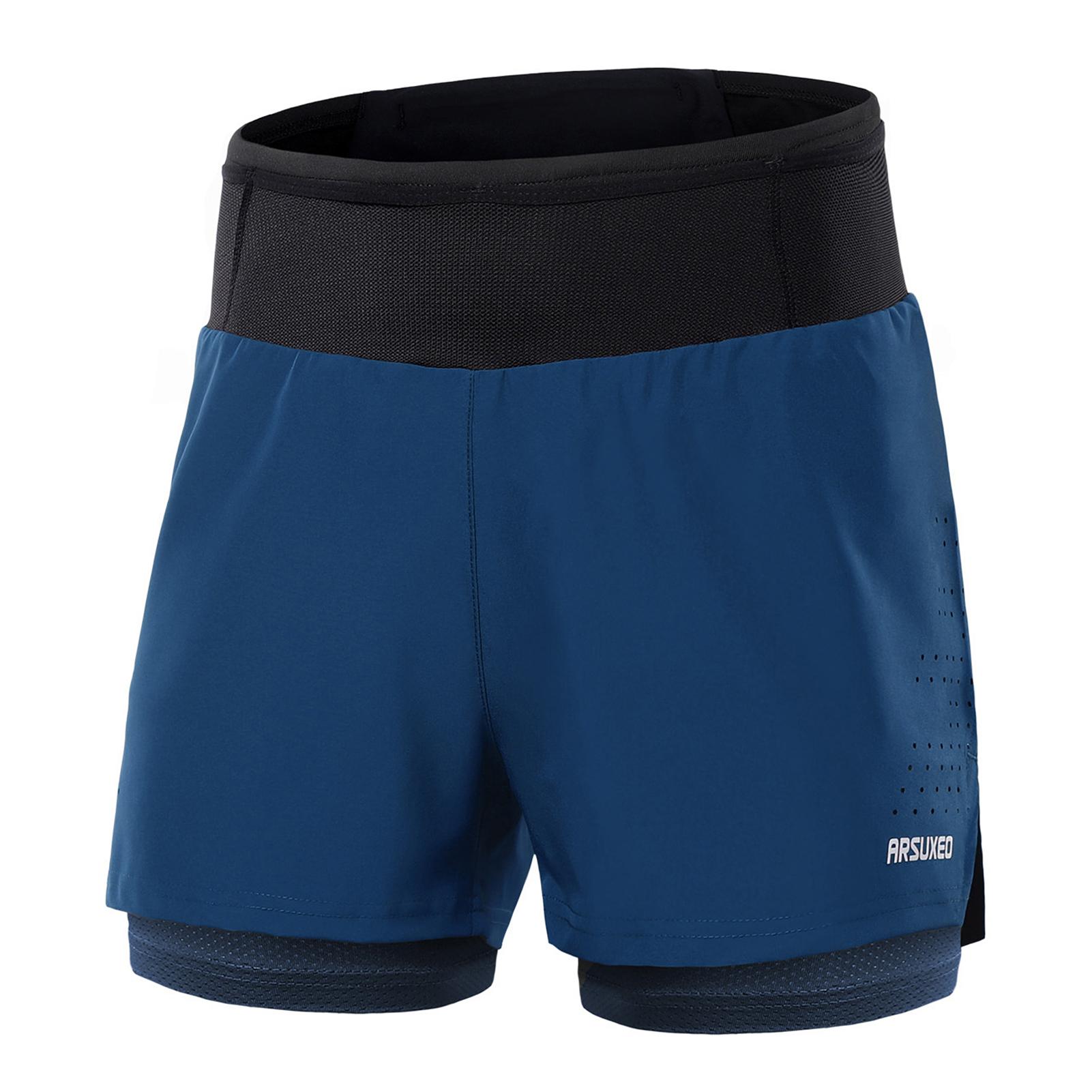 TOMTOP JMS Heren 2 in 1 hardloopshorts Atletische shorts met hoge taille Sportshorts Trainingsshorts met zakken voor XL blauw