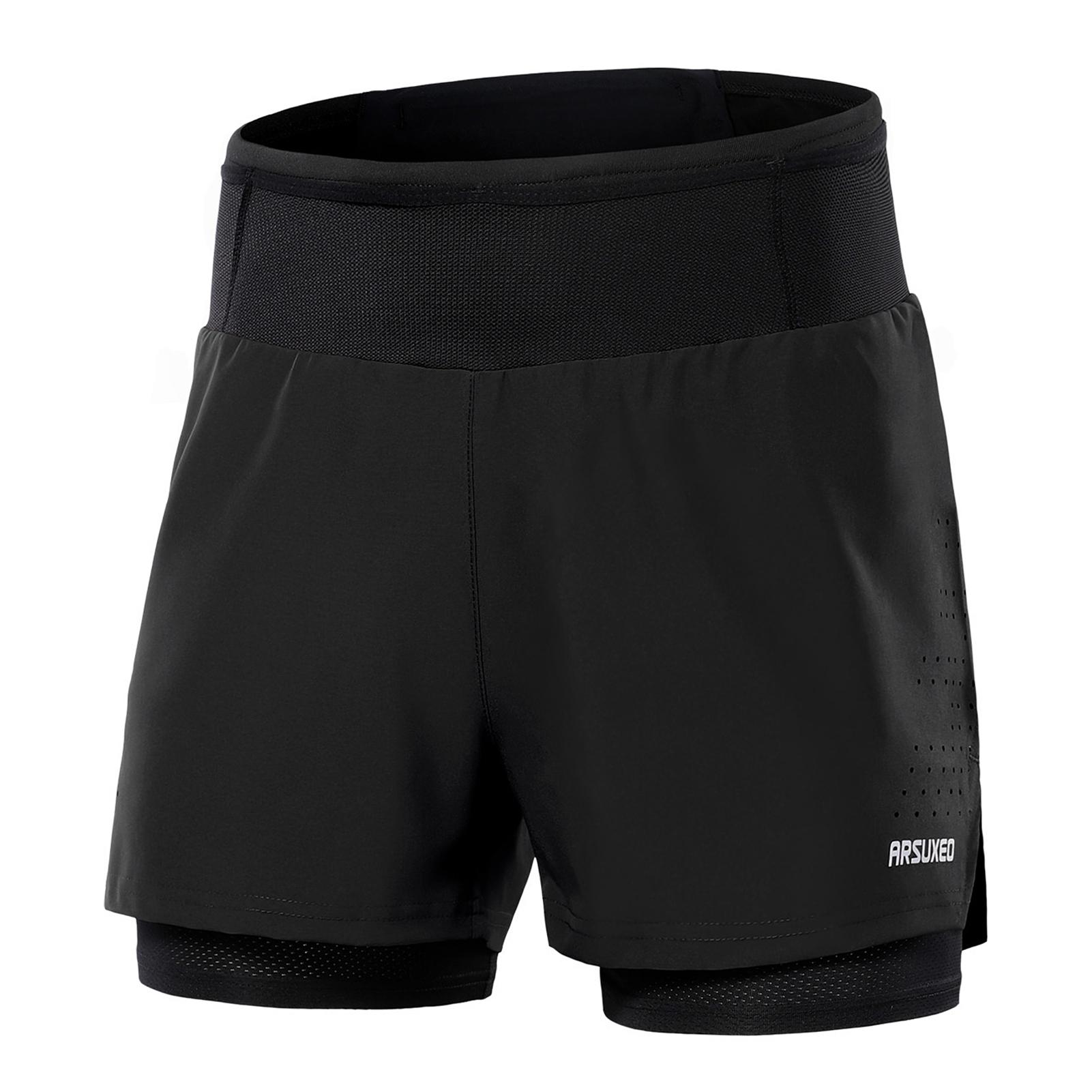 TOMTOP JMS Heren 2 in 1 hardloopshorts Atletische shorts met hoge taille Sportshorts Trainingsshorts met zakken voor M zwart