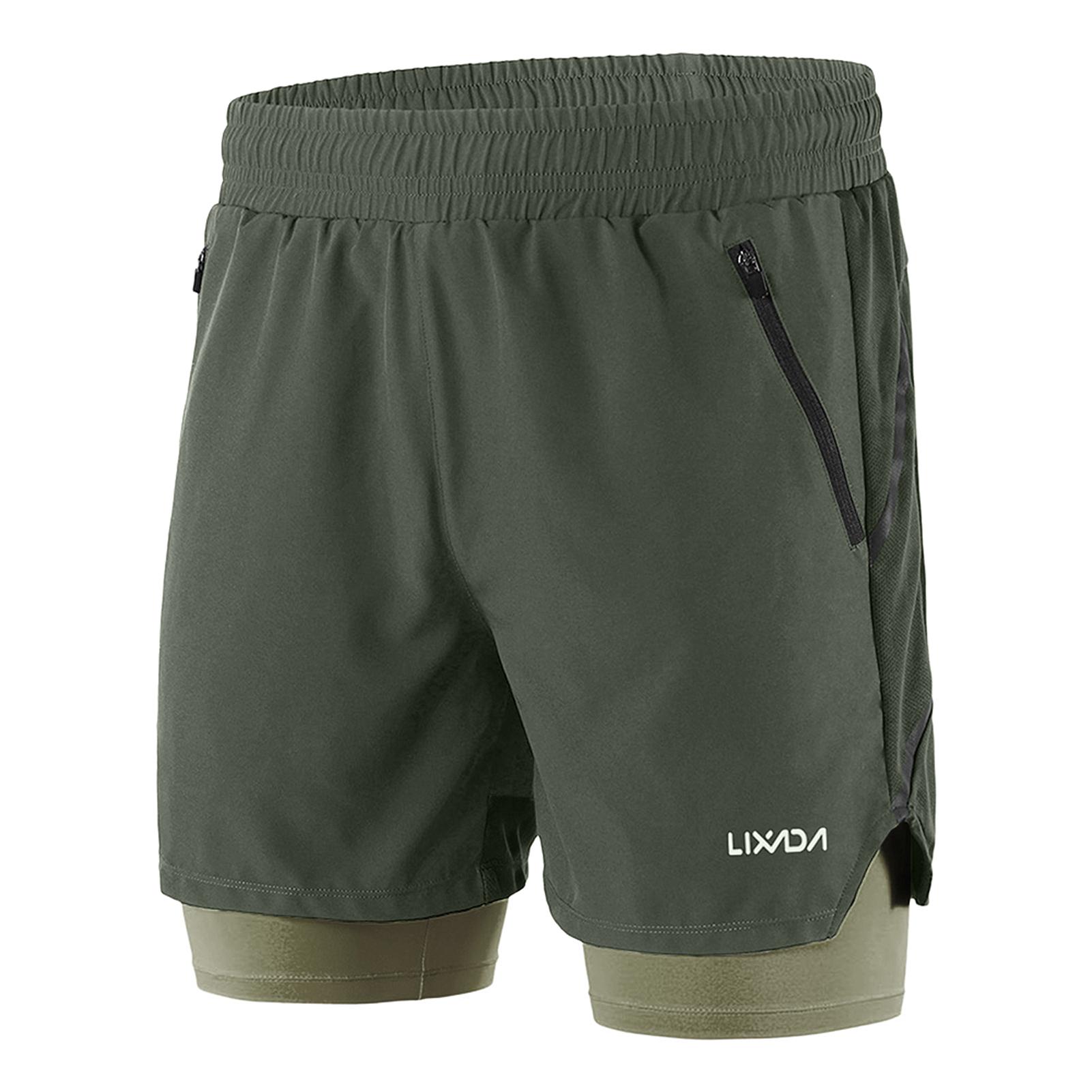 TOMTOP JMS Lixada Heren 2 in 1 hardloopshort Sneldrogend Ademend Actieve trainingsoefening Jogging Marathon XL legergroene kleur
