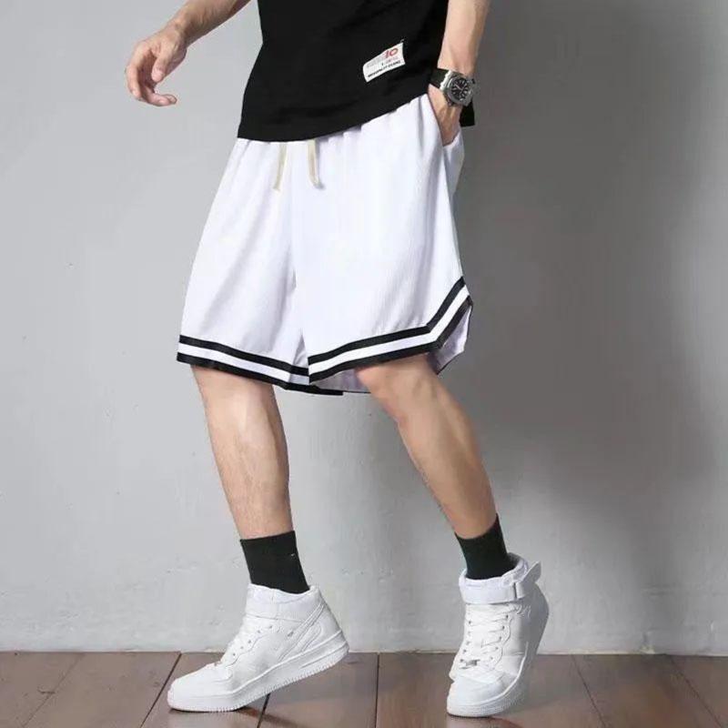 WTEMPO Witte Patchwork Kleur Losse Oversized Sport Shorts Heren Basketbal Shorts Dun en Ademend Trekkoord Elastisch Taille Ontwerp Casual Nieuwe Mode M wit