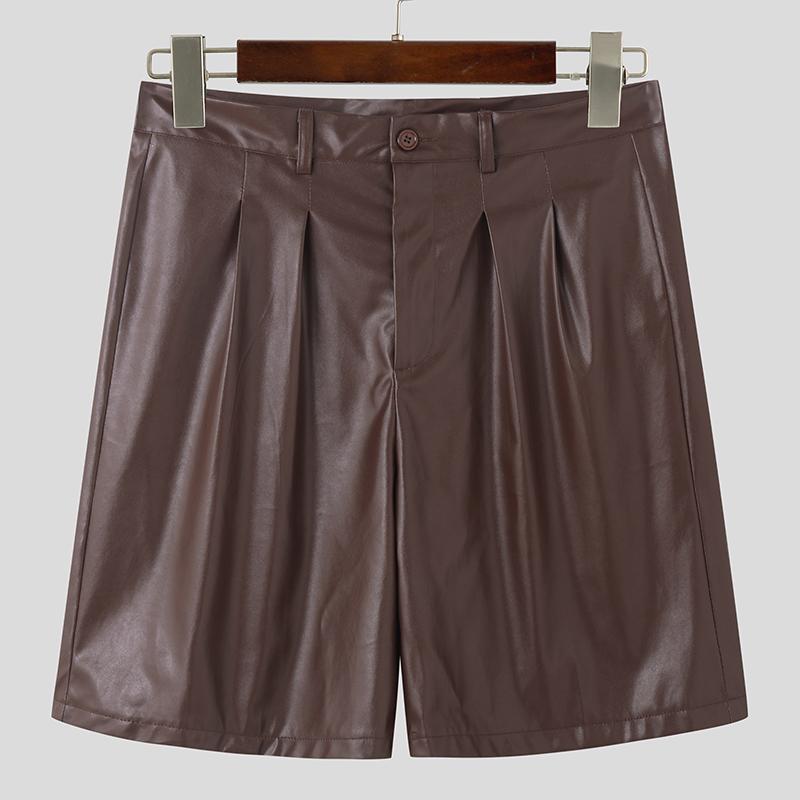 INCERUN Heren Rits PU Leer Shorts Casual Halve Korte Broek 5XL bruin