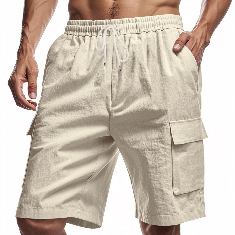 Fashion human Werkshort met meerdere zakken heren sportief casual los effen linnen trekkoord driekwart broek XXXL kaki