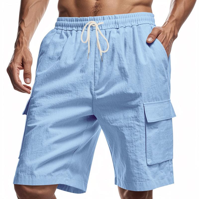 Fashion human Werkshort met meerdere zakken heren sportief casual los effen linnen trekkoord driekwart broek XXL lichtblauwe kleur