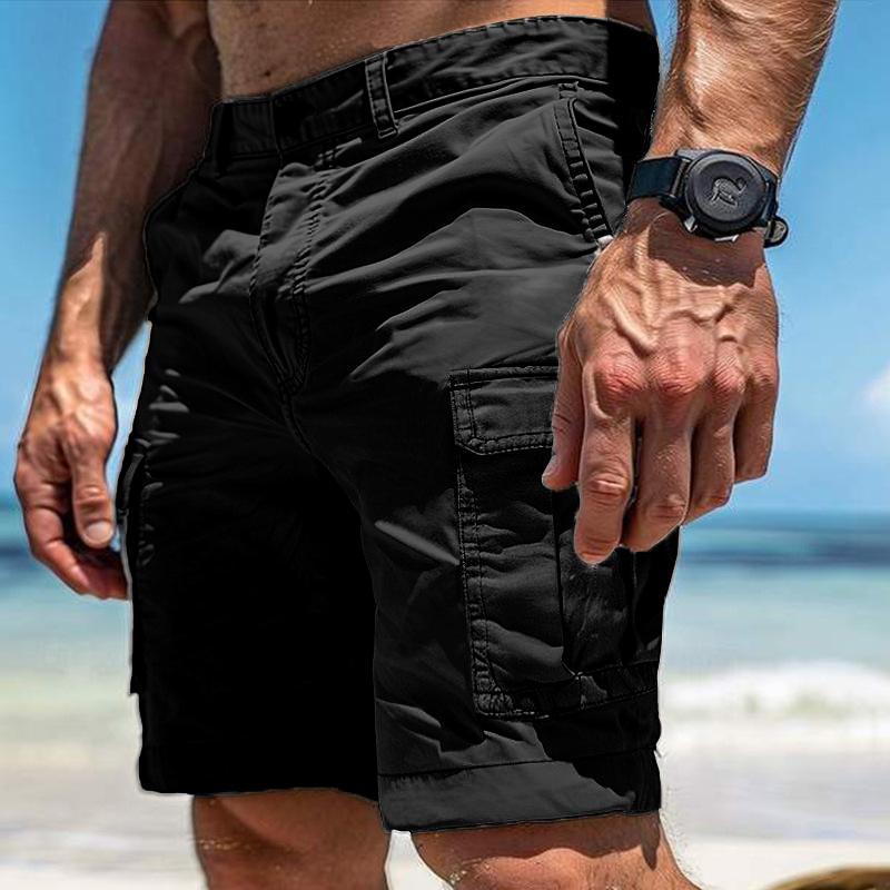 FX Men Casual Losse Cargo Shorts Voor Heren Zomer Trendy Multi-zakken Patchwork Shorts Heren Mode Effen Kleur Rechte Shorts L zwart