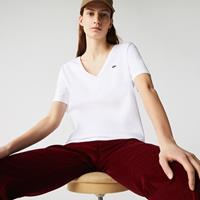 Lacoste Damen-T-Shirt aus Baumwolle mit V-Ausschnitt - Weiß 