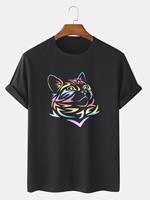 Newchic Mens Reflective Rainbow Cat Graphic Street 100% Cotton Short Sleeve T-Shirts