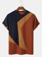 ChArmkpR Mens Knit Irregular Color Block Stitching Preppy Short Sleeve T-Shirts