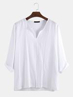 INCERUN Mens 100% Cotton Chinese Ethnic 3/4 Short Sleeve V-Neck T-Shirt