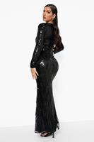 Boohoo Damask Sequin Plunge Maxi Dress, Black