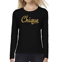 Bellatio Chique goud glitter tekst t-shirt long sleeve zwart voor dames- Zwart