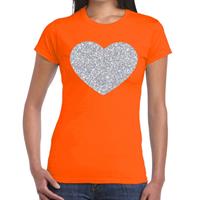 Bellatio Zilveren hart glitter t-shirt Oranje