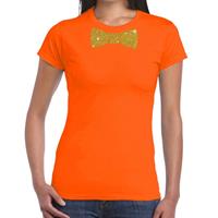 Bellatio Oranje fun t-shirt met vlinderdas in glitter goud dames