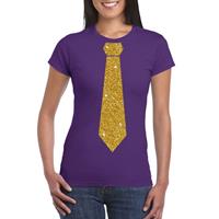 Bellatio Paars fun t-shirt met stropdas in glitter goud dames