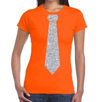 Bellatio Oranje fun t-shirt met stropdas in glitter zilver dames