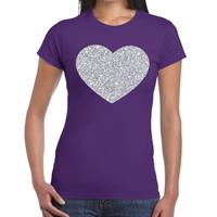 Bellatio Zilveren hart glitter t-shirt Paars