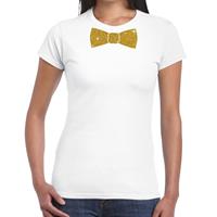 Bellatio Wit fun t-shirt met vlinderdas in glitter goud dames