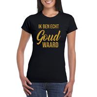 Bellatio Ik ben echt goud waard fun tekst t-shirt / kleding met gouden glitters op Zwart