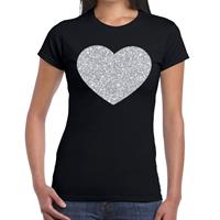 Bellatio Zilveren hart glitter t-shirt Zwart