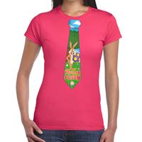 Bellatio Roze Paas t-shirt met paashaas stropdas - Pasen shirt voor dames - Pasen kleding