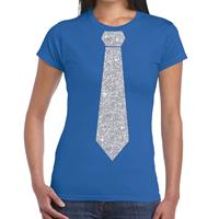 Bellatio Blauw fun t-shirt met stropdas in glitter zilver dames