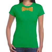 Bellatio Groen fun t-shirt met vlinderdas in glitter goud dames