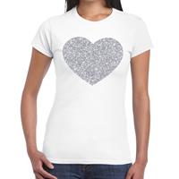 Bellatio Zilveren hart glitter t-shirt Wit