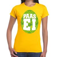Bellatio Geel Paas t-shirt met groen paasei - Pasen shirt voor dames - Pasen kleding