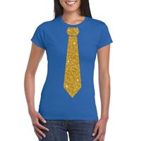 Bellatio Blauw fun t-shirt met stropdas in glitter goud dames