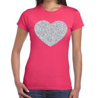 Bellatio Zilveren hart glitter t-shirt Roze