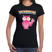 Bellatio Yoehoe gay pride knipogende roze uil t-shirt Zwart