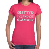 Bellatio Glitter and Glamour zilver glitter tekst t-shirt fuchsia Roze
