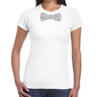 Bellatio Wit fun t-shirt met vlinderdas in glitter zilver dames - shirt met strikje