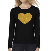 Bellatio Hart van goud glitter t-shirt long sleeve zwart voor dames- Zwart