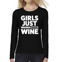 Bellatio Girls just wanna have wine tekst t-shirt long sleeve Zwart