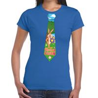Bellatio Blauw Paas t-shirt met paashaas stropdas - Pasen shirt voor dames - Pasen kleding