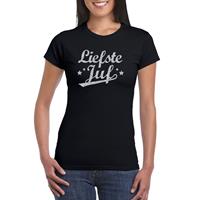 Bellatio Liefste juf cadeau t-shirt met zilveren glitters op Zwart