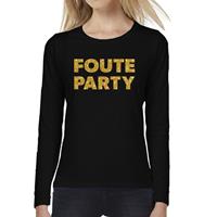 Bellatio Foute Party goud glitter tekst t-shirt long sleeve zwart voor dames- Zwart