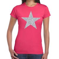 Bellatio Zilveren ster glitter t-shirt fuchsia roze dames - shirt glitter ster zilver