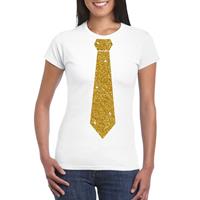 Bellatio Wit fun t-shirt met stropdas in glitter goud dames