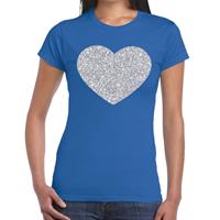 Bellatio Zilveren hart glitter t-shirt Blauw