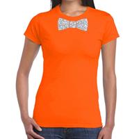 Bellatio Oranje fun t-shirt met vlinderdas in glitter zilver dames - Koningsdag shirt met strikje