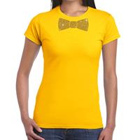 Bellatio Geel fun t-shirt met vlinderdas in glitter goud dames