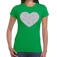 Bellatio Zilveren hart glitter t-shirt Groen