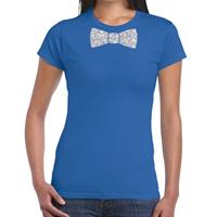 Bellatio Blauw fun t-shirt met vlinderdas in glitter zilver dames - shirt met strikje